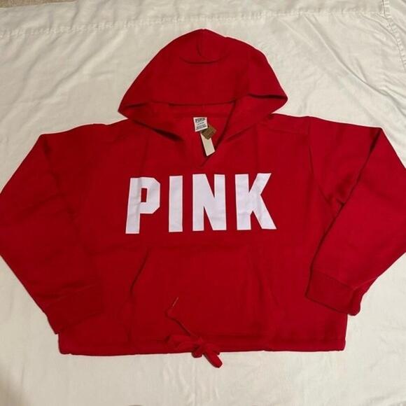 PINK Victoria secret FLEECE CROPPED CINCHED CAMPUS HOODIE - Picture 1 of 3